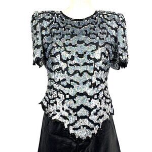 Vintage Laurence Kazar Sequin Short Sleeve Evening Top - Silver/Black, Sz Large